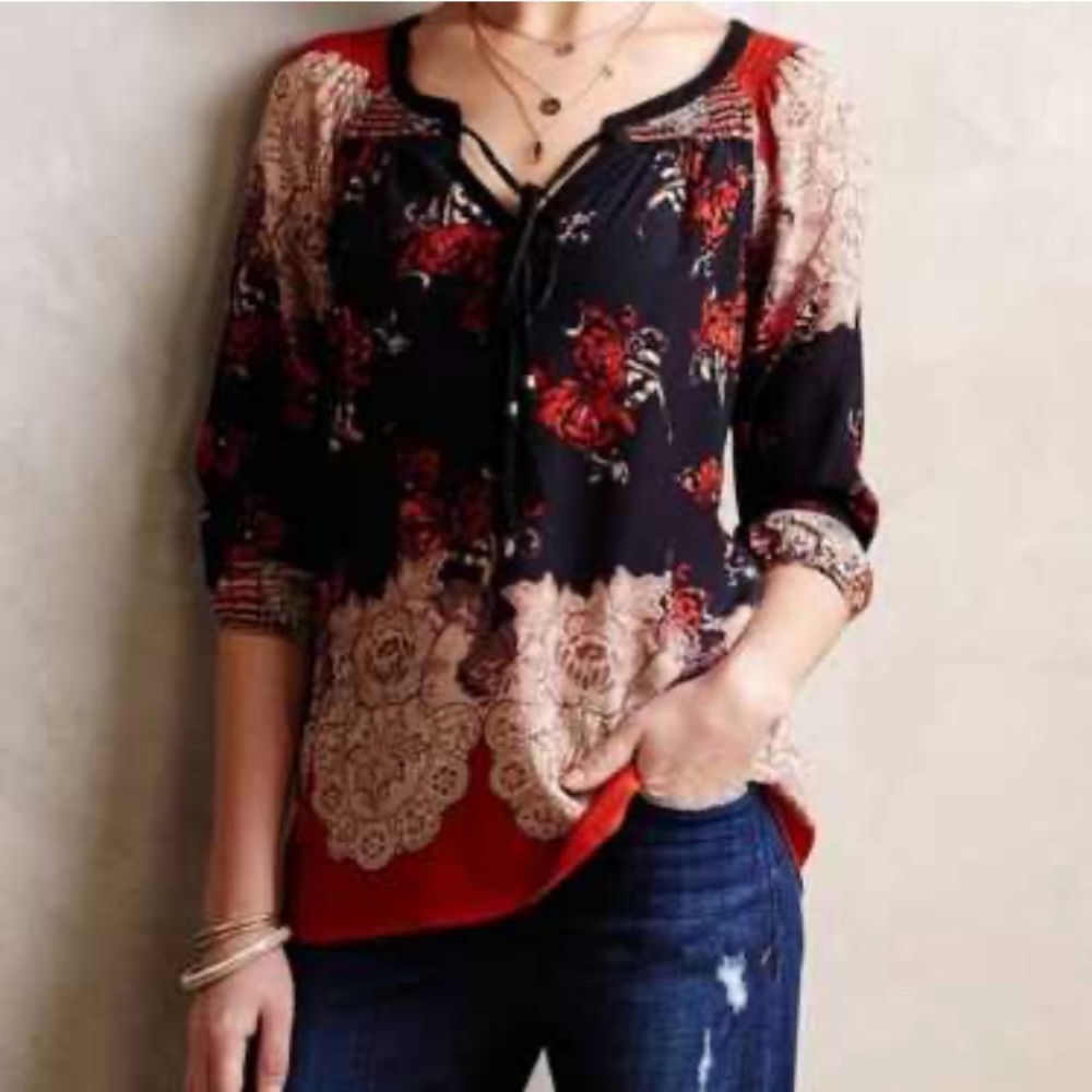 Anthropologie Meadow Rue Blossom Mixed-Print Peasant Silk Blouse